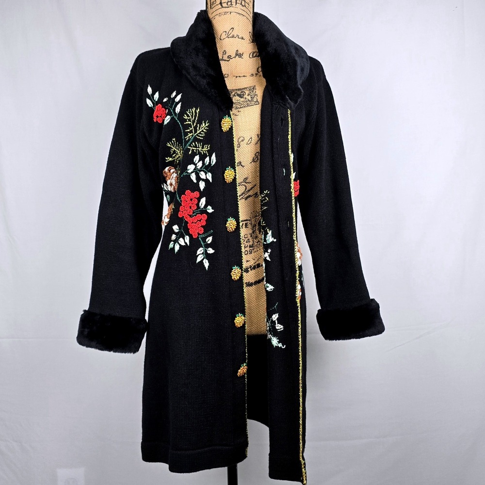 Storybook Knits Black Beaded Floral Cardigan Sweater Coat Faux Fur Trim Medium - Picture 4 of 16